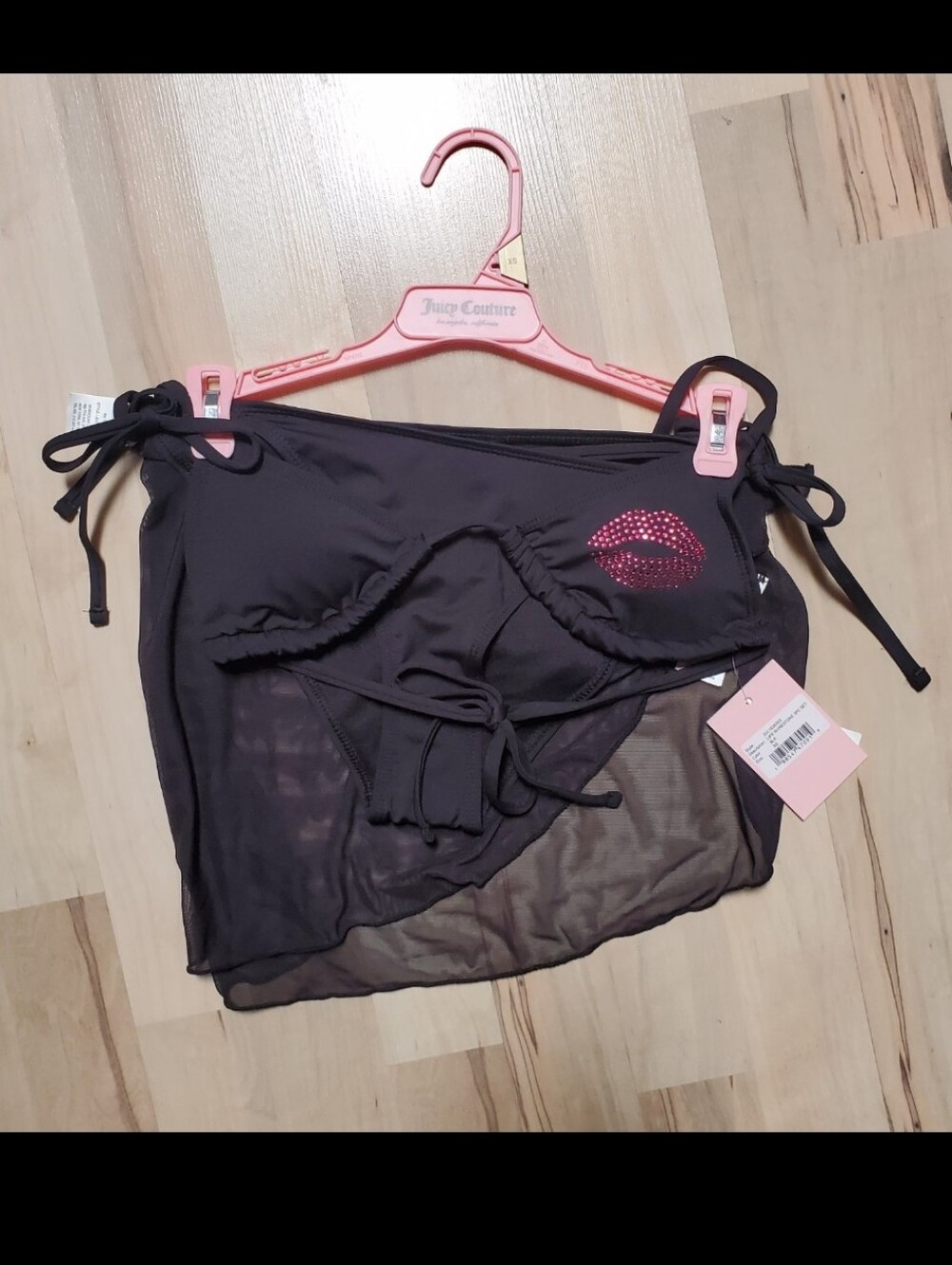 NWT Juicy Couture 3 Piece Rhinestone Lips Kiss Bikini Black Size X-Small